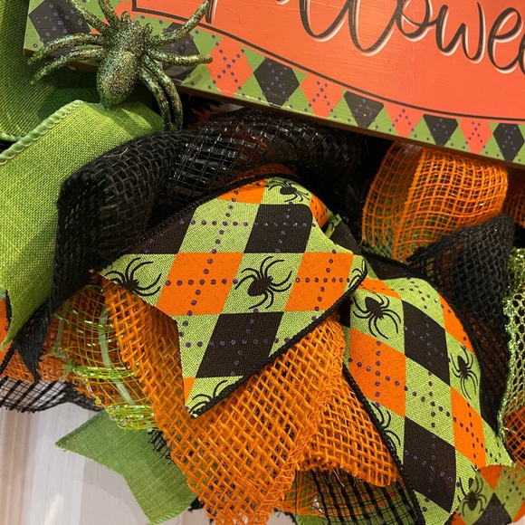 Halloween Wreath Happy Halloween BLK, orange, lime argyle Spider GLITTER wreath - Picture 4 of 7